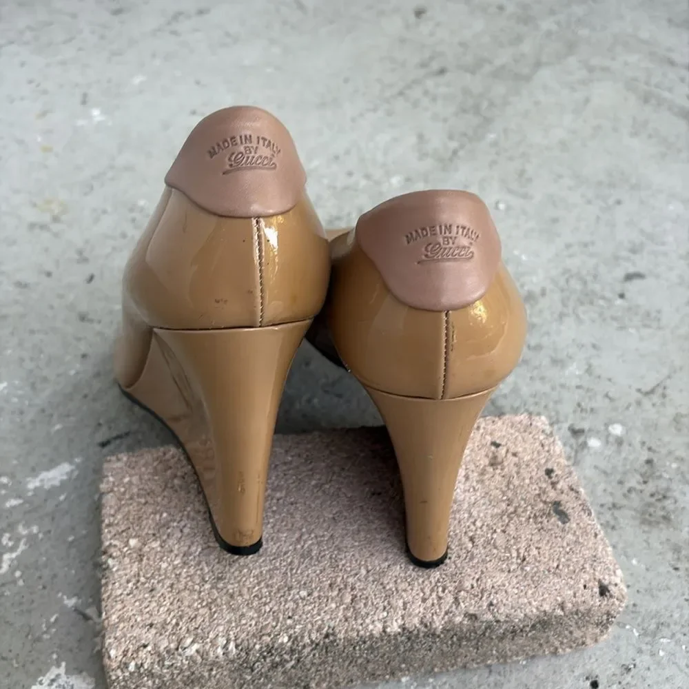 Gucci, patent leather wedge peep toe